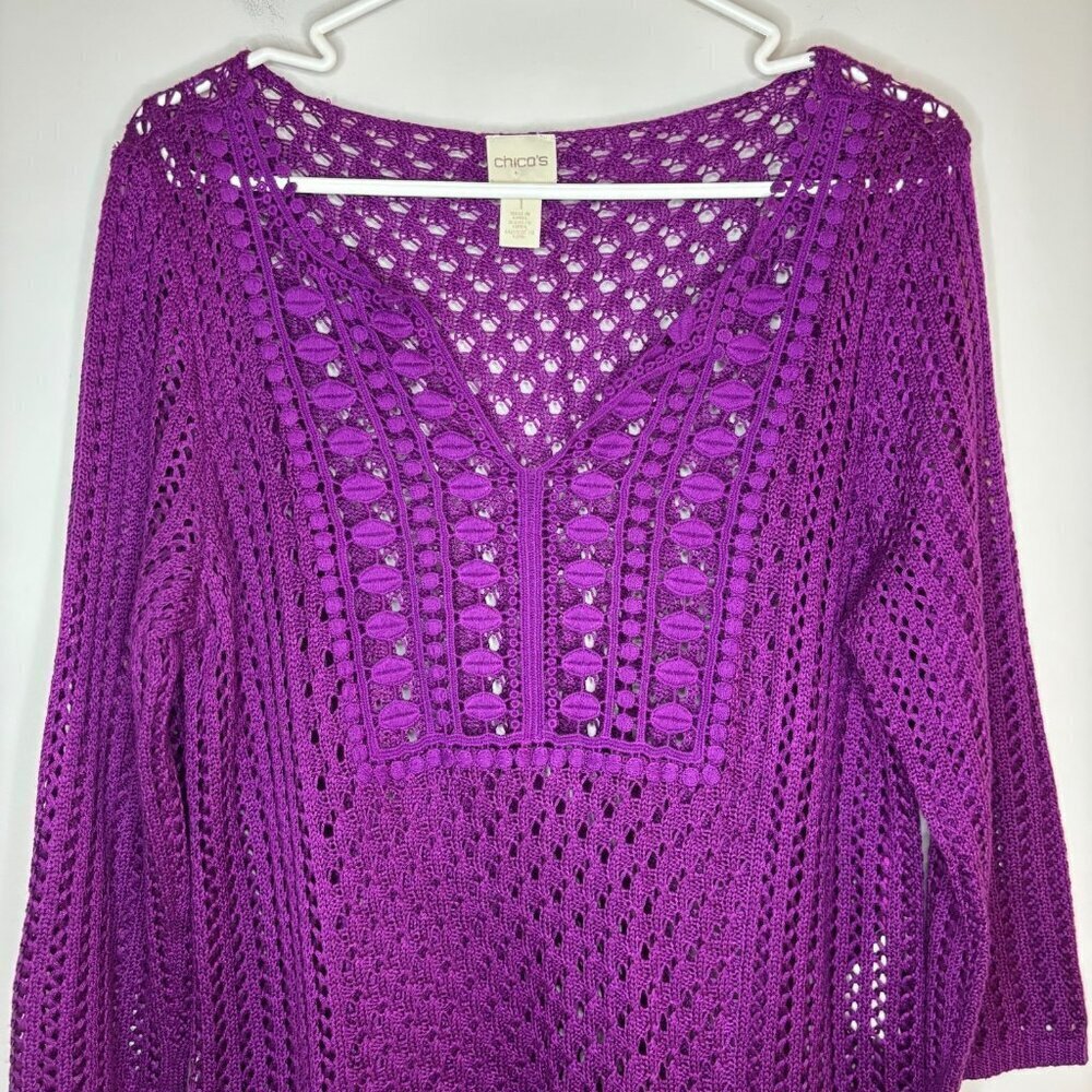 CHICO'S Open Knit 3/4 Sleeve Tunic Womens S Purple Crochet